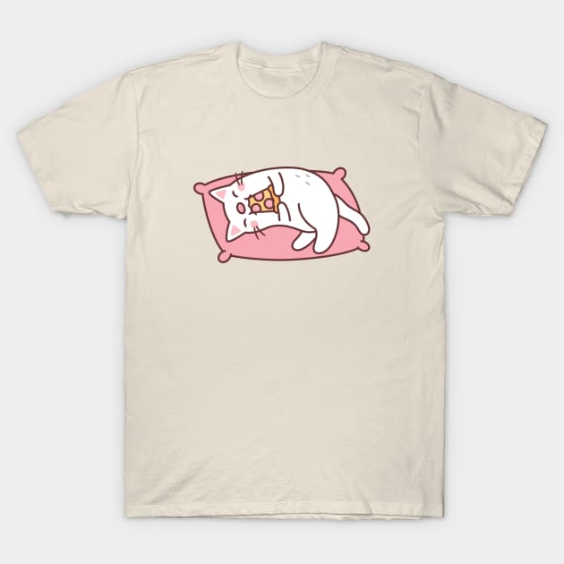 Cute White Cat Eating Pizza On Pillow T-Shirt by rustydoodle